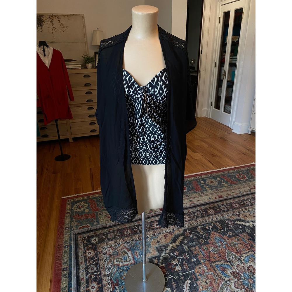 Love‎ Cameron Los Angeles Black Crochet Lace Trim Kimono Wrap 282997 Missy S